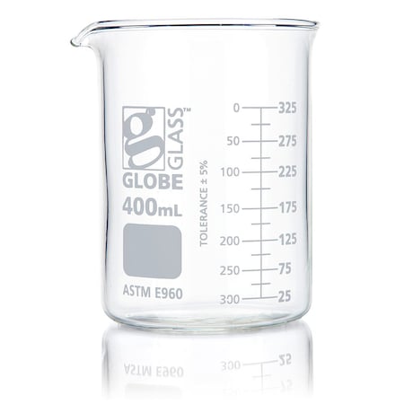 Globe Scientific Beaker, Globe Glass, 400mL, Low Form Griffin Style, Dual Graduations, ASTM E960, 12/Box, 12PK 8010400